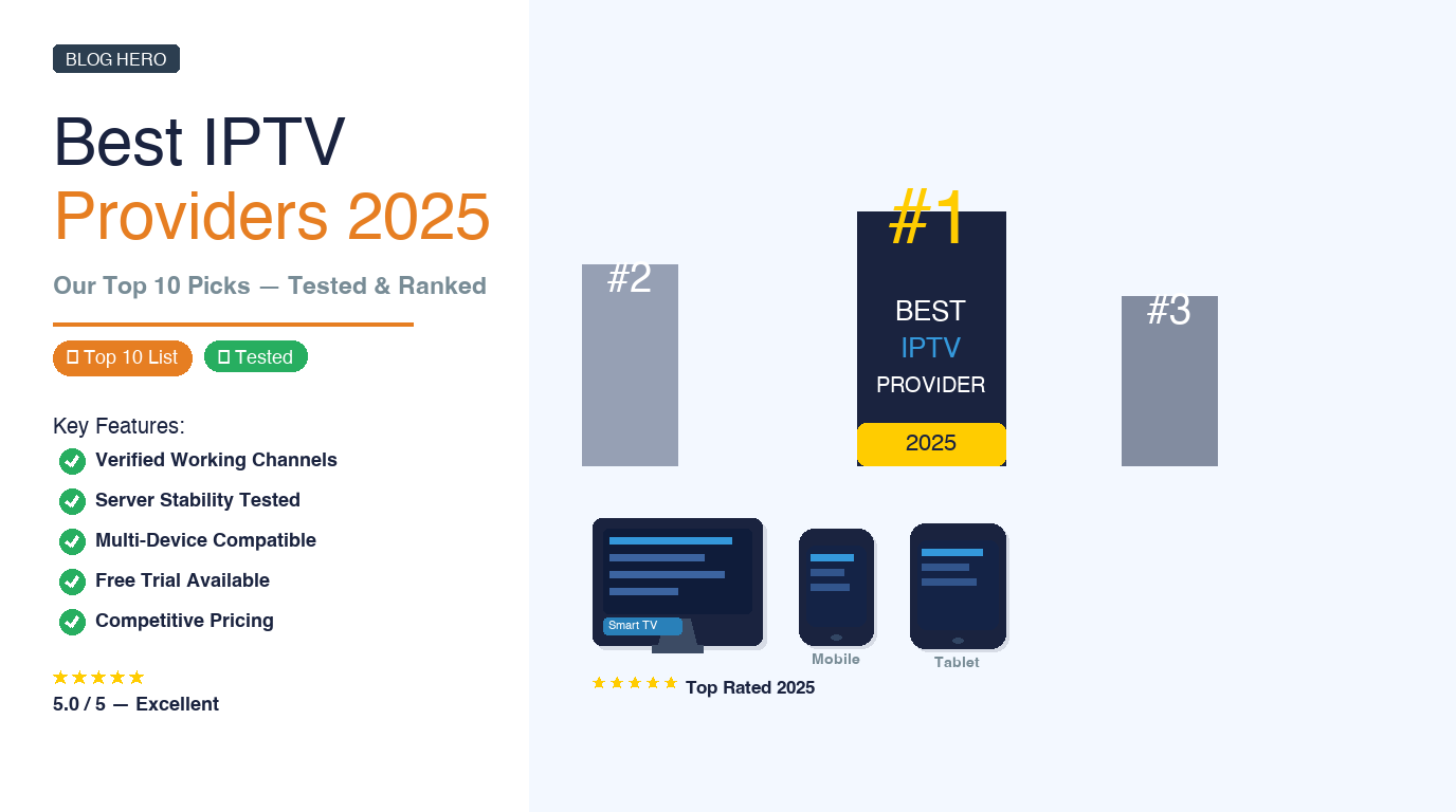 Best IPTV providers 2025: Ranked podium showing top 3 providers with connected devices