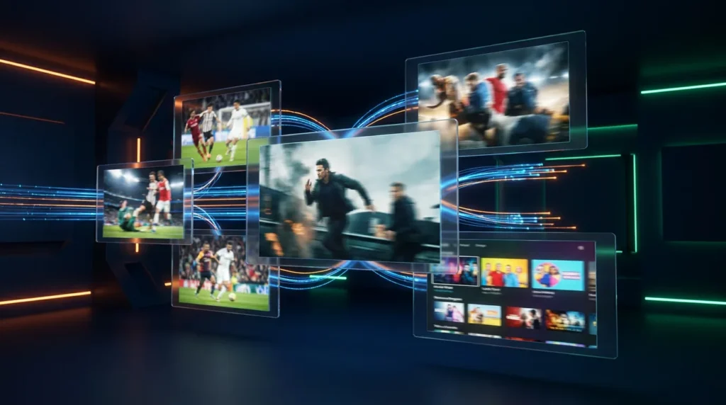 Best IPTV 2026 montage of live sports, movies and TV channels on floating screens