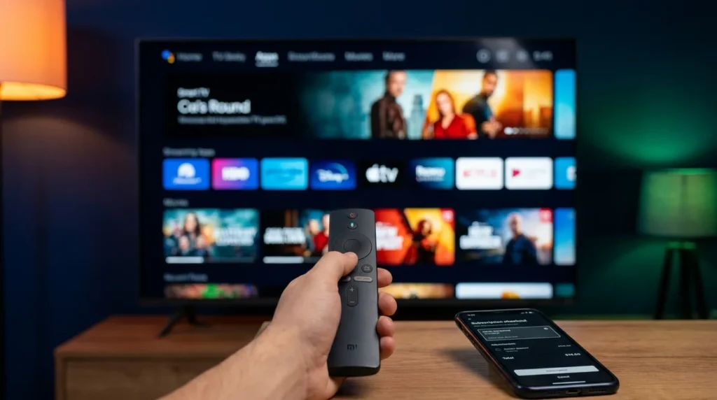 Buy IPTV subscription online shown on a Smart TV and smartphone with channels and movies