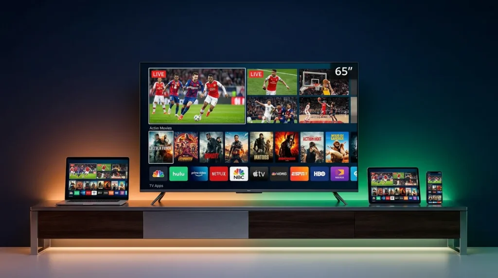 Premium IPTV service streaming live sports and movies on Smart TV, laptop, tablet and smartphone
