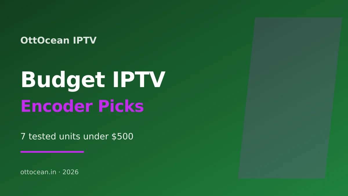 Budget IPTV encoder box connected to an HDMI source and router on a desk