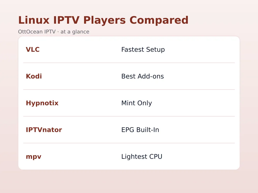 Linux iptv player showing EPG channel guide with grouped categories