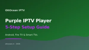 Purple IPTV Player home screen with channel grid on Android TV