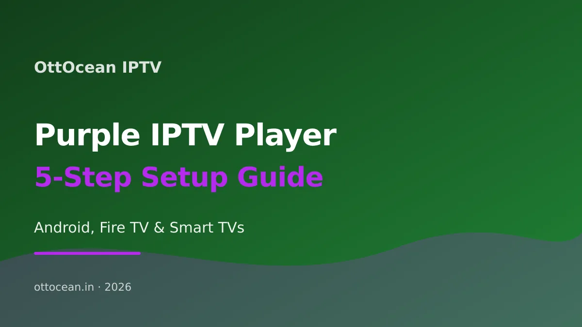 Purple IPTV Player home screen with channel grid on Android TV